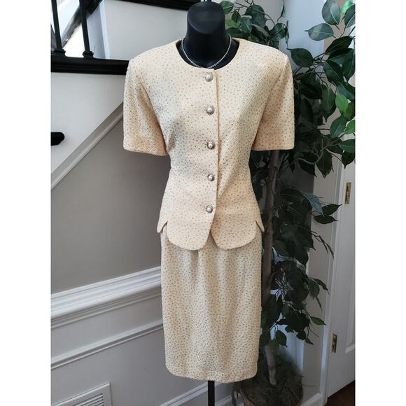 Leslie Fay Skirt Suit Set Women 10 Beige Glitter Dots Short Sleeve Button Front - Picture 5 of 14